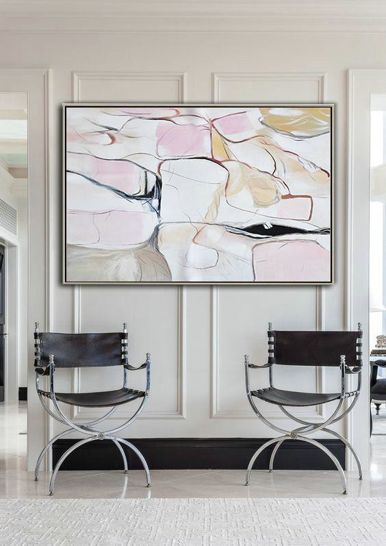 Large Abstract Painting On Canvas,Oversized Horizontal Contemporary Art,Large Wall Art Home Decor,White,Pink,Yellow,Grey.etc